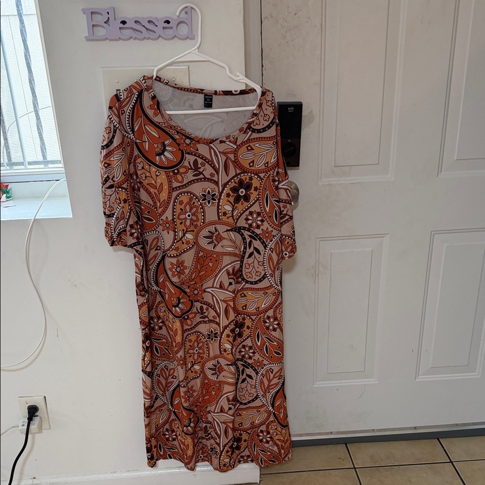 SHEIN Orange and Brown Paisley Midi Dress